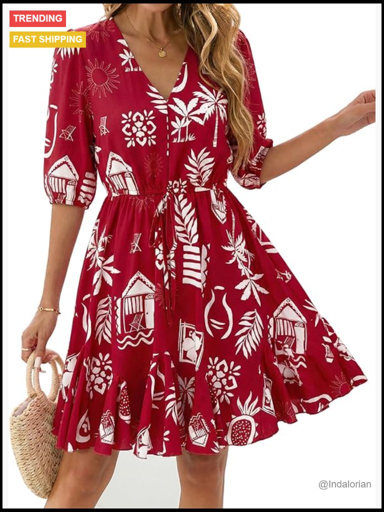 Viscose Polyamide Floral Boho Dress V-Neck Short Sleeve Ruffle Hem